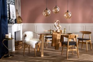 Table à manger design en verre transparent et bois clair L160 cm BACCO
