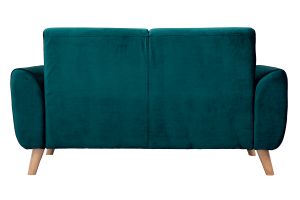 Canapé scandinave 2 places en tissu velours bleu pétrole et bois clair EKTOR