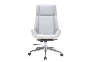 Fauteuil de bureau de direction design en tissu gris clair, bois clair et acier chromé CURVED