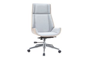 Fauteuil de bureau de direction design en tissu gris clair, bois clair et acier chromé CURVED