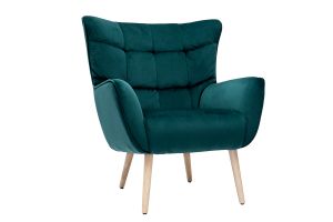 Fauteuil scandinave en tissu velours bleu pétrole et bois clair AVERY