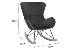 Rocking chair design en tissu velours bleu canard, métal noir et bois clair ESKUA