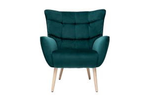 Fauteuil scandinave en tissu velours bleu pétrole et bois clair AVERY