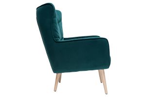 Fauteuil scandinave en tissu velours bleu pétrole et bois clair AVERY
