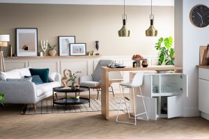 îlot - table de bar modulable avec rangement blanc mat et bois clair chêne L140-165 cm MAX