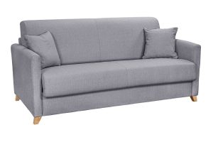 Canapé convertible 3 places en tissu gris clair et bois clair avec matelas 13 cm SKANDY