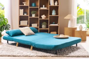 Chauffeuse 2 places convertible en tissu bleu canard et bois clair AMIKO