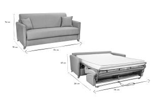 Canapé convertible 3 places en tissu gris clair et bois clair avec matelas 13 cm SKANDY