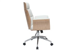 Fauteuil de bureau à roulettes design blanc, bois clair et acier chromé ELON