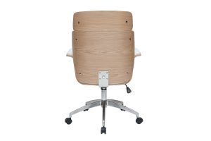Fauteuil de bureau à roulettes design blanc, bois clair et acier chromé ELON