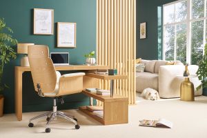 Fauteuil de bureau à roulettes design blanc, bois clair et acier chromé ELON