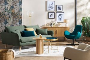 Fauteuil pivotant design en tissu velours bleu canard et métal noir ANDY