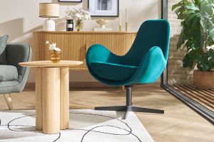 Fauteuil pivotant design en tissu velours bleu canard et métal noir ANDY