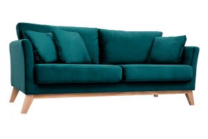 Canapé scandinave déhoussable 3 places en tissu velours bleu pétrole et bois clair OSLO