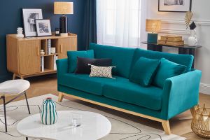 Canapé scandinave déhoussable 3 places en tissu velours bleu pétrole et bois clair OSLO