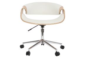 Chaise de bureau à roulettes design blanc, bois clair et acier chromé ARAMIS