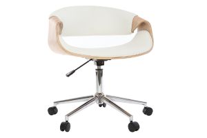 Chaise de bureau à roulettes design blanc, bois clair et acier chromé ARAMIS