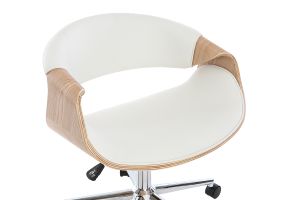 Chaise de bureau à roulettes design blanc, bois clair et acier chromé ARAMIS
