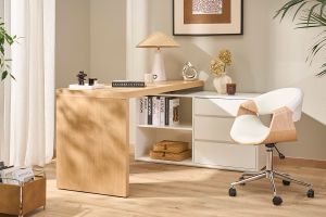 Chaise de bureau à roulettes design blanc, bois clair et acier chromé ARAMIS
