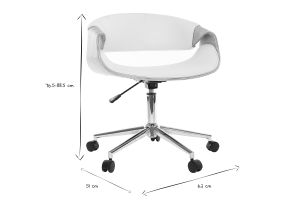 Chaise de bureau à roulettes design blanc, bois clair et acier chromé ARAMIS