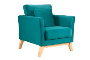 Fauteuil scandinave déhoussable en tissu velours bleu pétrole et bois clair OSLO