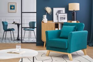 Fauteuil scandinave déhoussable en tissu velours bleu pétrole et bois clair OSLO
