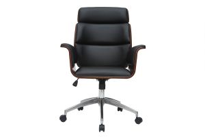 Fauteuil de bureau à roulettes design noir, bois foncé noyer et acier chromé ELON