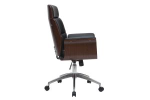 Fauteuil de bureau à roulettes design noir, bois foncé noyer et acier chromé ELON