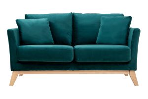 Canapé scandinave déhoussable 2 places en tissu velours bleu pétrole et bois clair OSLO
