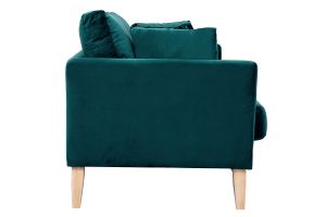 Canapé scandinave déhoussable 2 places en tissu velours bleu pétrole et bois clair OSLO