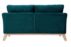 Canapé scandinave déhoussable 2 places en tissu velours bleu pétrole et bois clair OSLO