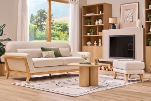 Canapé scandinave 3 places en tissu beige et bois clair YOKO