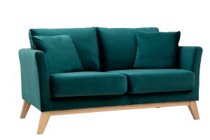 Canapé scandinave déhoussable 2 places en tissu velours bleu pétrole et bois clair OSLO
