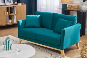 Canapé scandinave déhoussable 2 places en tissu velours bleu pétrole et bois clair OSLO