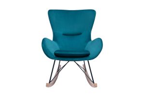 Rocking chair design en tissu velours bleu canard, métal noir et bois clair ESKUA