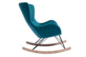 Rocking chair design en tissu velours bleu canard, métal noir et bois clair ESKUA