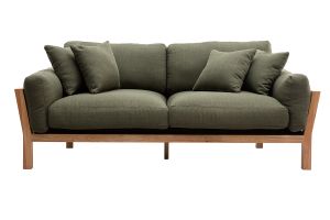 Canapé scandinave déhoussable 3 places en tissu vert kaki et bois clair KYO