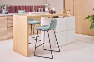 îlot - table de bar modulable avec rangement blanc mat et bois clair chêne L140-165 cm MAX