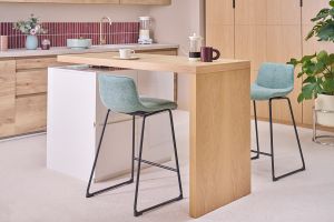îlot - table de bar modulable avec rangement blanc mat et bois clair chêne L140-165 cm MAX