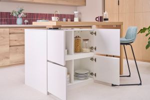 îlot - table de bar modulable avec rangement blanc mat et bois clair chêne L140-165 cm MAX
