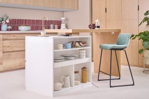 îlot - table de bar modulable avec rangement blanc mat et bois clair chêne L140-165 cm MAX