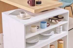 îlot - table de bar modulable avec rangement blanc mat et bois clair chêne L140-165 cm MAX