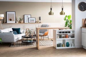 îlot - table de bar modulable avec rangement blanc mat et bois clair chêne L140-165 cm MAX
