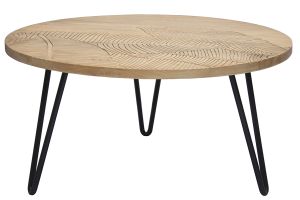 Table basse ronde gravée bois manguier massif et métal noir D80 cm VIBES