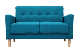 Canapé scandinave 2 places en tissu bleu canard et bois clair MOON