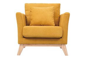 Fauteuil scandinave déhoussable en tissu effet velours jaune moutarde et bois clair OSLO