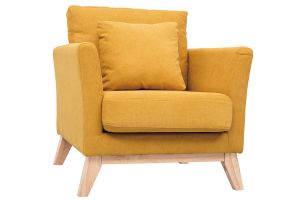 Fauteuil scandinave déhoussable en tissu effet velours jaune moutarde et bois clair OSLO