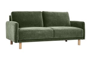 Canapé design 3 places en tissu effet velours vert kaki et bois clair BONO