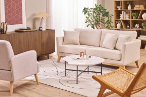 Canapé scandinave déhoussable 3 places en tissu beige et bois clair OSLO