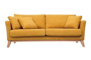Canapé scandinave déhoussable 3 places en tissu effet velours jaune moutarde et bois clair OSLO